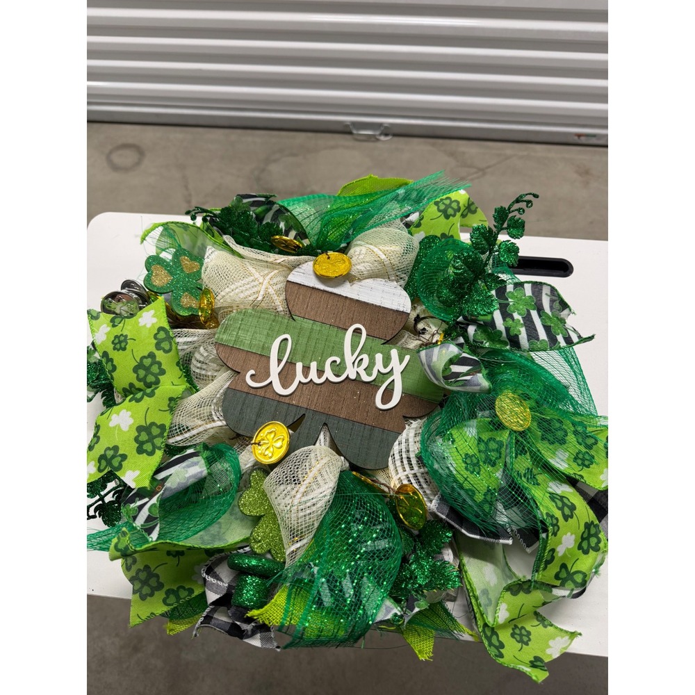 Handmade St Patricks Day Wreath Lucky Shamrock Deco Mesh Green Gold 18 Inch